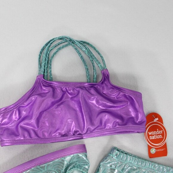 Wonder Nation 3 Piece Mermaid Skirt Swimsuit Set Bikini Toddler Girls 5T Purple - Picture 2 of 6